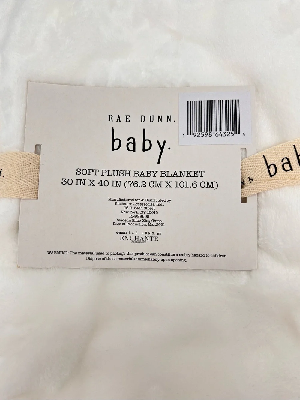 Rae Dunn White Plush Baby Blanket with Rainbow 'Be Kind' Patch